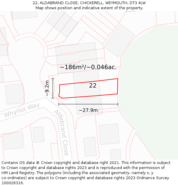 22, ALDABRAND CLOSE, CHICKERELL, WEYMOUTH, DT3 4LW: Plot and title map