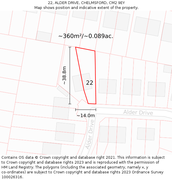 22, ALDER DRIVE, CHELMSFORD, CM2 9EY: Plot and title map