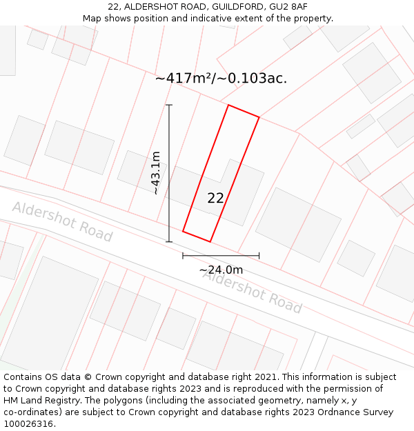 22, ALDERSHOT ROAD, GUILDFORD, GU2 8AF: Plot and title map