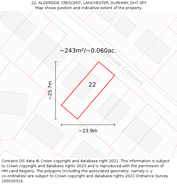 22, ALDERSIDE CRESCENT, LANCHESTER, DURHAM, DH7 0PY: Plot and title map