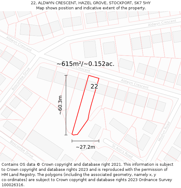 22, ALDWYN CRESCENT, HAZEL GROVE, STOCKPORT, SK7 5HY: Plot and title map