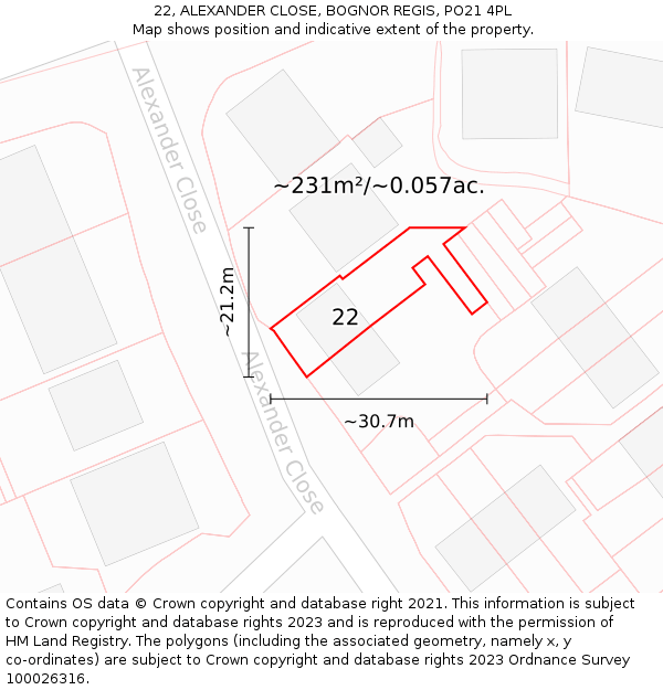 22, ALEXANDER CLOSE, BOGNOR REGIS, PO21 4PL: Plot and title map