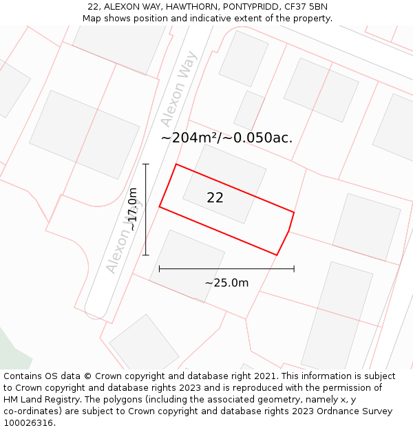 22, ALEXON WAY, HAWTHORN, PONTYPRIDD, CF37 5BN: Plot and title map