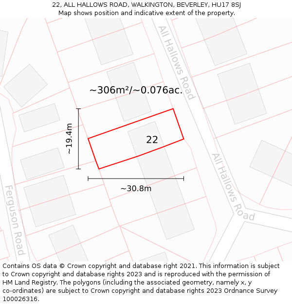 22, ALL HALLOWS ROAD, WALKINGTON, BEVERLEY, HU17 8SJ: Plot and title map