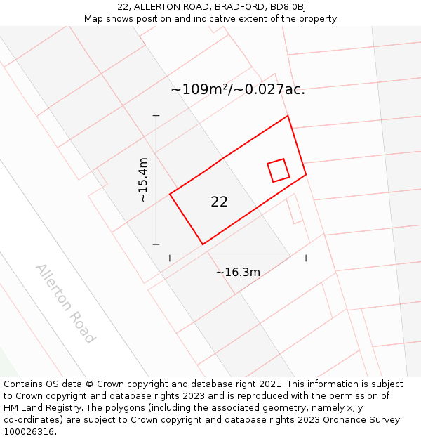 22, ALLERTON ROAD, BRADFORD, BD8 0BJ: Plot and title map