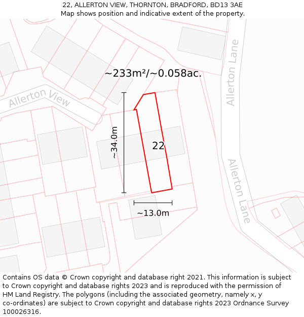 22, ALLERTON VIEW, THORNTON, BRADFORD, BD13 3AE: Plot and title map