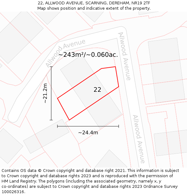 22, ALLWOOD AVENUE, SCARNING, DEREHAM, NR19 2TF: Plot and title map