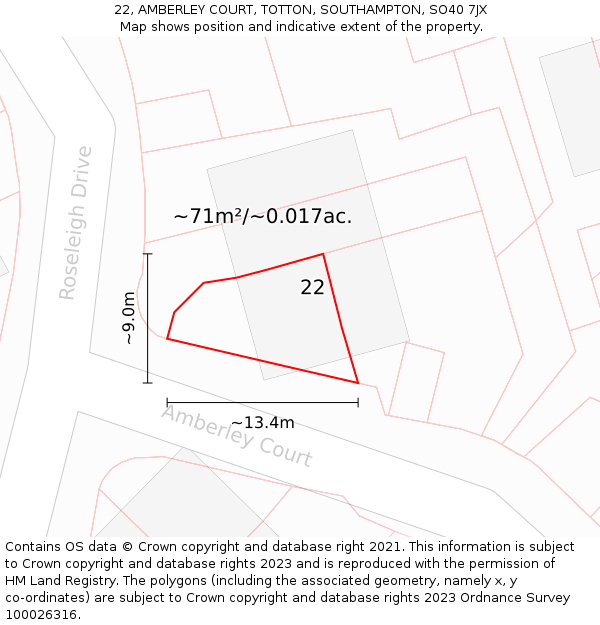 22, AMBERLEY COURT, TOTTON, SOUTHAMPTON, SO40 7JX: Plot and title map