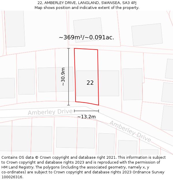 22, AMBERLEY DRIVE, LANGLAND, SWANSEA, SA3 4PJ: Plot and title map