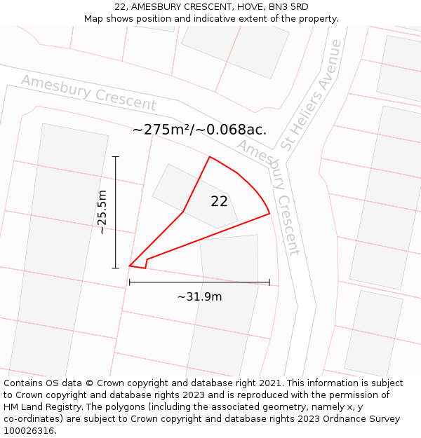 22, AMESBURY CRESCENT, HOVE, BN3 5RD: Plot and title map