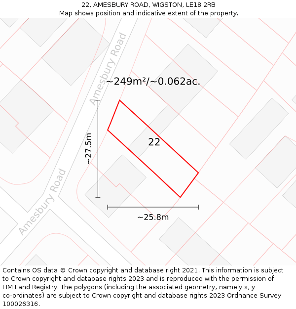 22, AMESBURY ROAD, WIGSTON, LE18 2RB: Plot and title map