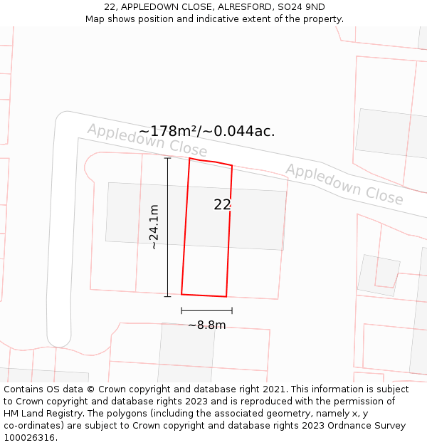 22, APPLEDOWN CLOSE, ALRESFORD, SO24 9ND: Plot and title map