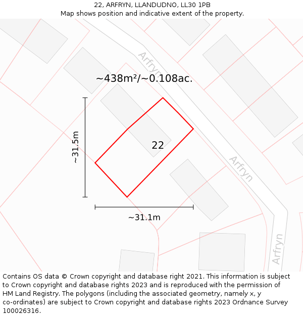 22, ARFRYN, LLANDUDNO, LL30 1PB: Plot and title map