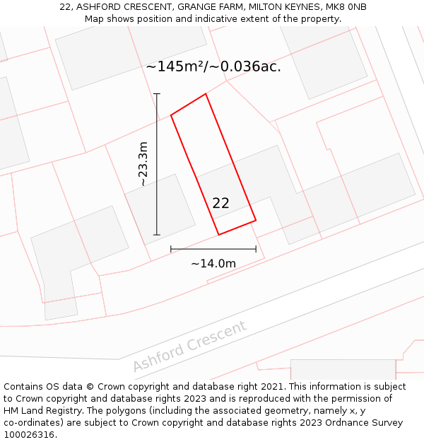 22, ASHFORD CRESCENT, GRANGE FARM, MILTON KEYNES, MK8 0NB: Plot and title map