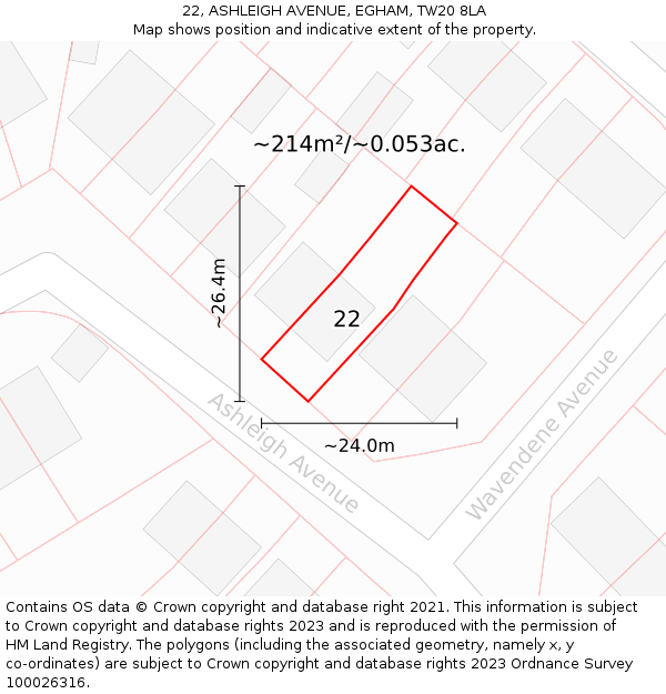 22, ASHLEIGH AVENUE, EGHAM, TW20 8LA: Plot and title map