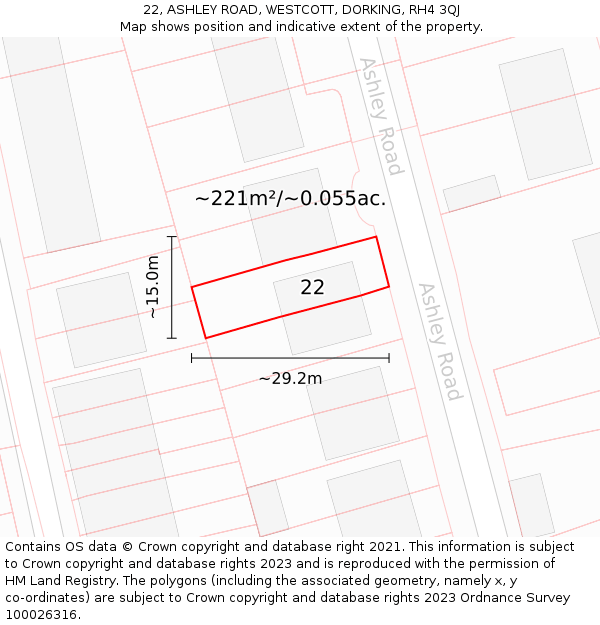 22, ASHLEY ROAD, WESTCOTT, DORKING, RH4 3QJ: Plot and title map