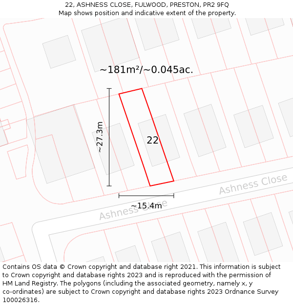 22, ASHNESS CLOSE, FULWOOD, PRESTON, PR2 9FQ: Plot and title map