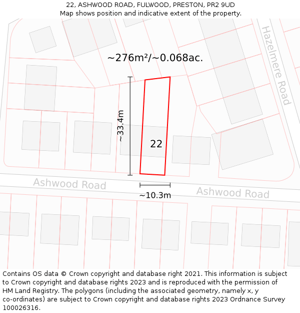 22, ASHWOOD ROAD, FULWOOD, PRESTON, PR2 9UD: Plot and title map