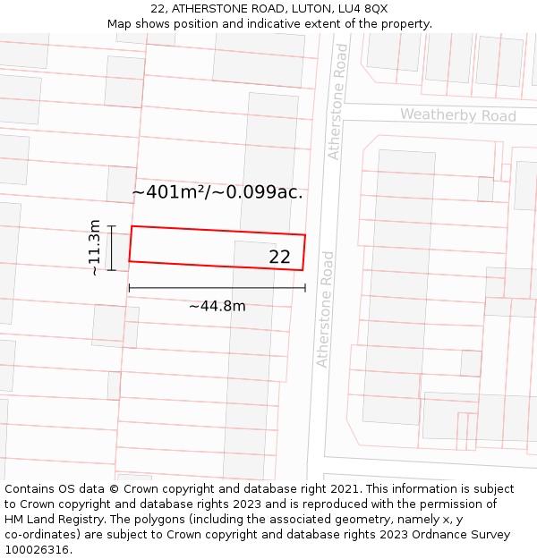22, ATHERSTONE ROAD, LUTON, LU4 8QX: Plot and title map