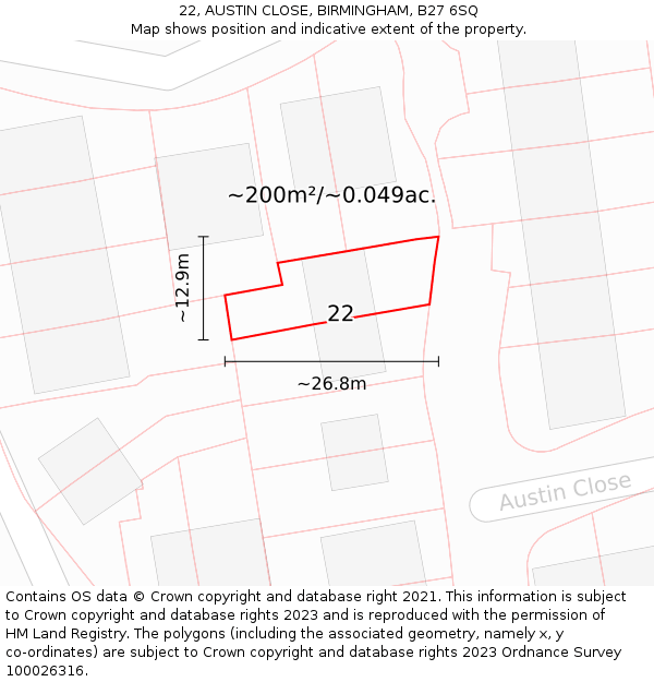 22, AUSTIN CLOSE, BIRMINGHAM, B27 6SQ: Plot and title map