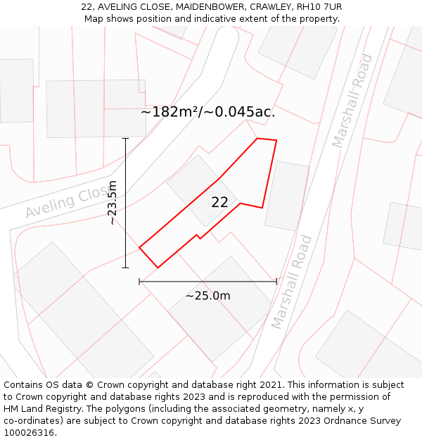 22, AVELING CLOSE, MAIDENBOWER, CRAWLEY, RH10 7UR: Plot and title map