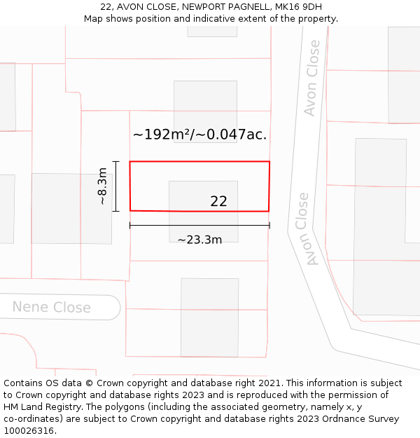 22, AVON CLOSE, NEWPORT PAGNELL, MK16 9DH: Plot and title map