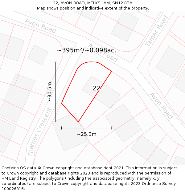 22, AVON ROAD, MELKSHAM, SN12 8BA: Plot and title map