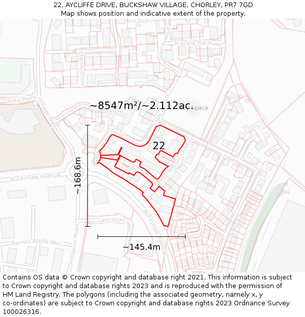 22, AYCLIFFE DRIVE, BUCKSHAW VILLAGE, CHORLEY, PR7 7GD: Plot and title map