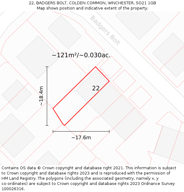 22, BADGERS BOLT, COLDEN COMMON, WINCHESTER, SO21 1GB: Plot and title map
