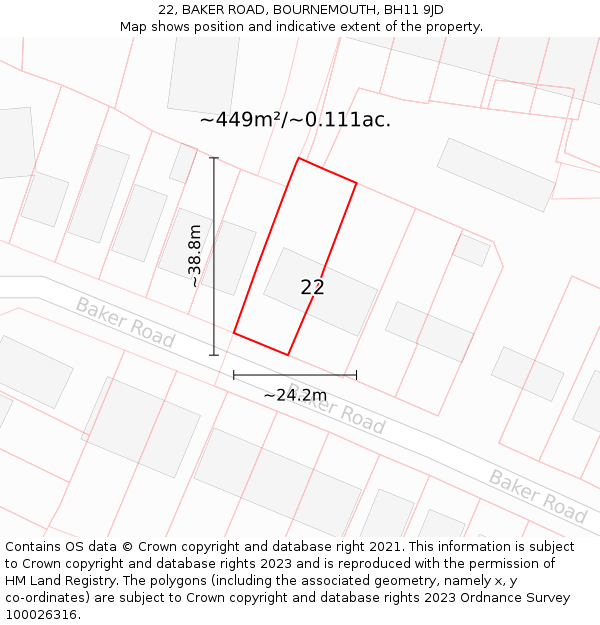 22, BAKER ROAD, BOURNEMOUTH, BH11 9JD: Plot and title map