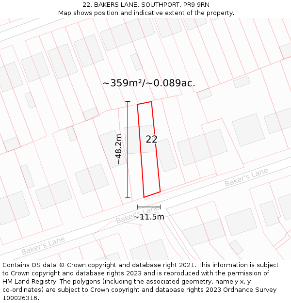 22, BAKERS LANE, SOUTHPORT, PR9 9RN: Plot and title map