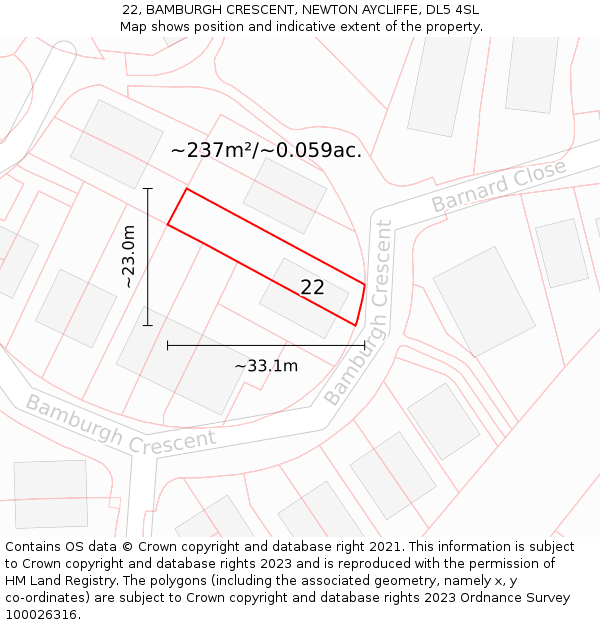 22, BAMBURGH CRESCENT, NEWTON AYCLIFFE, DL5 4SL: Plot and title map