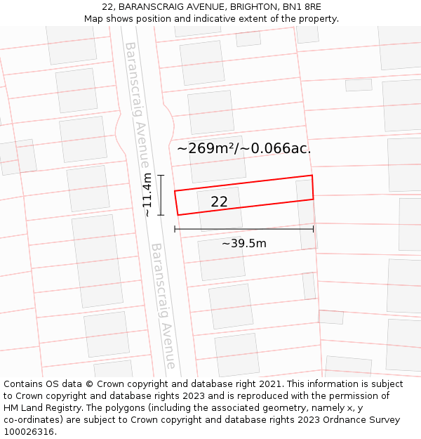 22, BARANSCRAIG AVENUE, BRIGHTON, BN1 8RE: Plot and title map