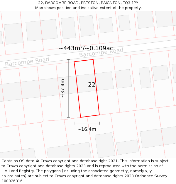 22, BARCOMBE ROAD, PRESTON, PAIGNTON, TQ3 1PY: Plot and title map