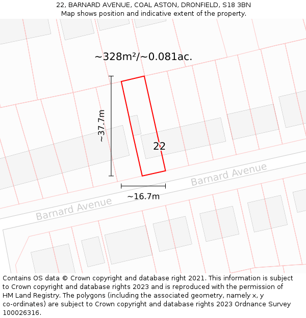 22, BARNARD AVENUE, COAL ASTON, DRONFIELD, S18 3BN: Plot and title map