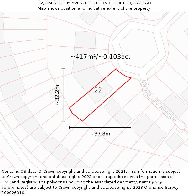 22, BARNSBURY AVENUE, SUTTON COLDFIELD, B72 1AQ: Plot and title map