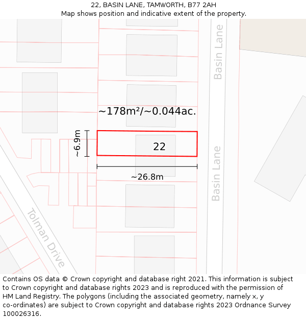 22, BASIN LANE, TAMWORTH, B77 2AH: Plot and title map