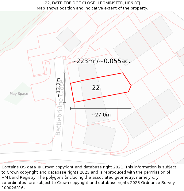 22, BATTLEBRIDGE CLOSE, LEOMINSTER, HR6 8TJ: Plot and title map