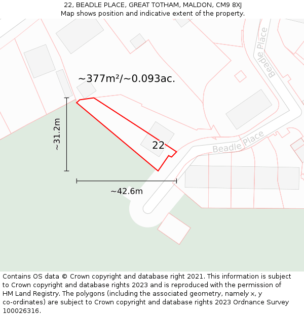 22, BEADLE PLACE, GREAT TOTHAM, MALDON, CM9 8XJ: Plot and title map