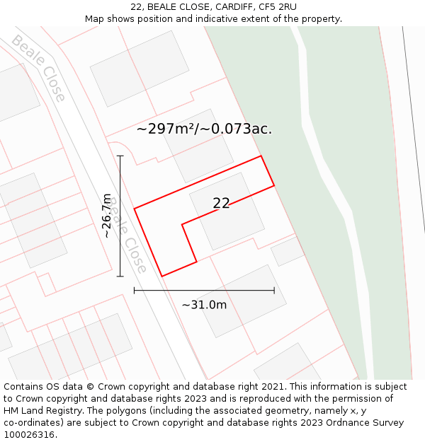 22, BEALE CLOSE, CARDIFF, CF5 2RU: Plot and title map