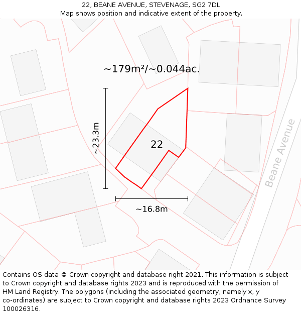 22, BEANE AVENUE, STEVENAGE, SG2 7DL: Plot and title map