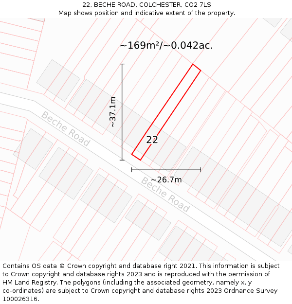 22, BECHE ROAD, COLCHESTER, CO2 7LS: Plot and title map