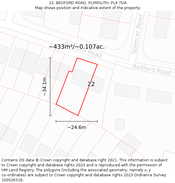 22, BEDFORD ROAD, PLYMOUTH, PL9 7DA: Plot and title map