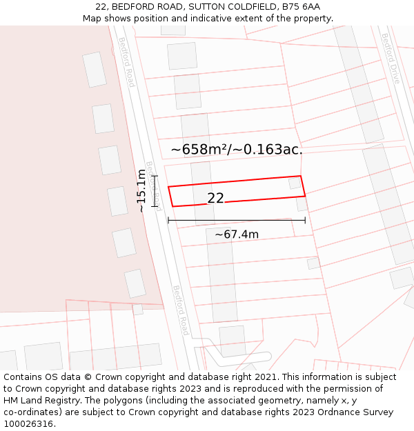 22, BEDFORD ROAD, SUTTON COLDFIELD, B75 6AA: Plot and title map