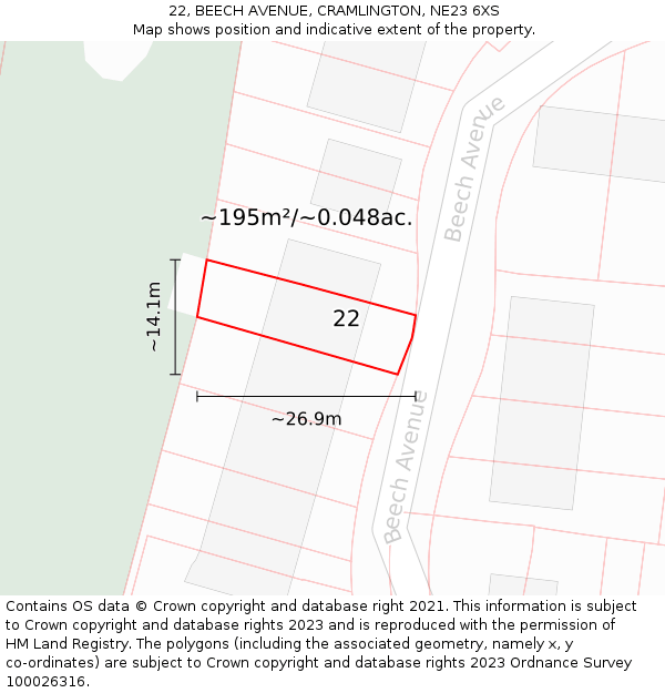 22, BEECH AVENUE, CRAMLINGTON, NE23 6XS: Plot and title map