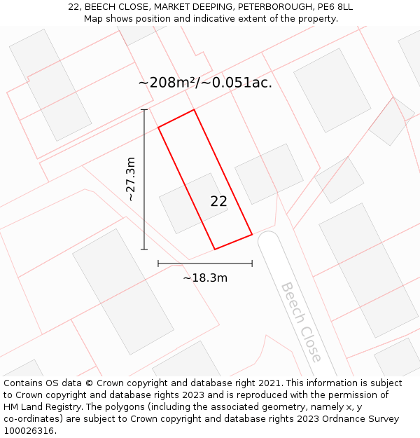 22, BEECH CLOSE, MARKET DEEPING, PETERBOROUGH, PE6 8LL: Plot and title map