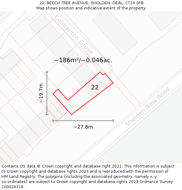 22, BEECH TREE AVENUE, SHOLDEN, DEAL, CT14 0FB: Plot and title map