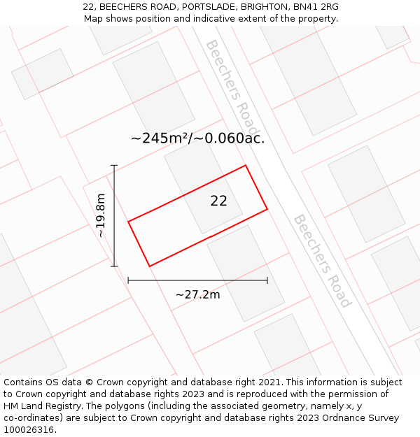 22, BEECHERS ROAD, PORTSLADE, BRIGHTON, BN41 2RG: Plot and title map