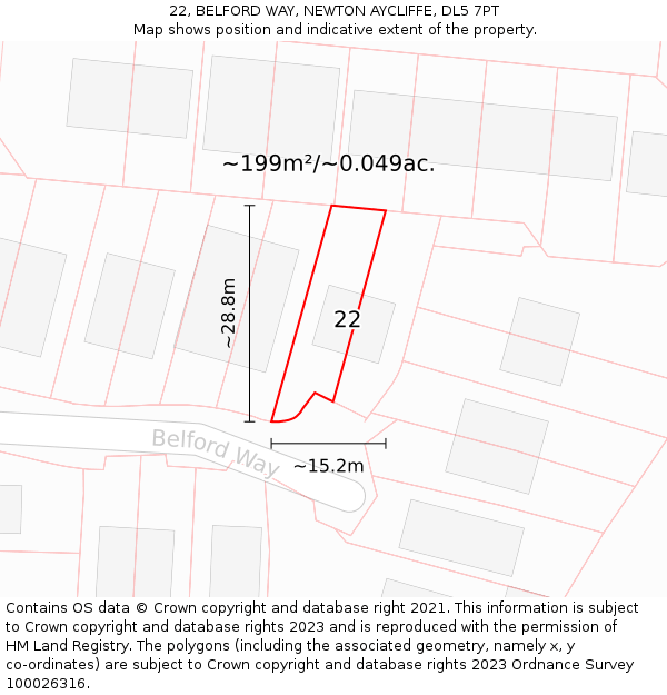 22, BELFORD WAY, NEWTON AYCLIFFE, DL5 7PT: Plot and title map