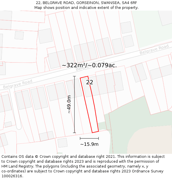 22, BELGRAVE ROAD, GORSEINON, SWANSEA, SA4 6RF: Plot and title map